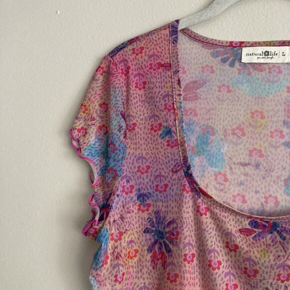 Natural Life Womens Pink Mesh Floral Sheer Top Size Large Y2K Boho Hippie Retro - Picture 4 of 8